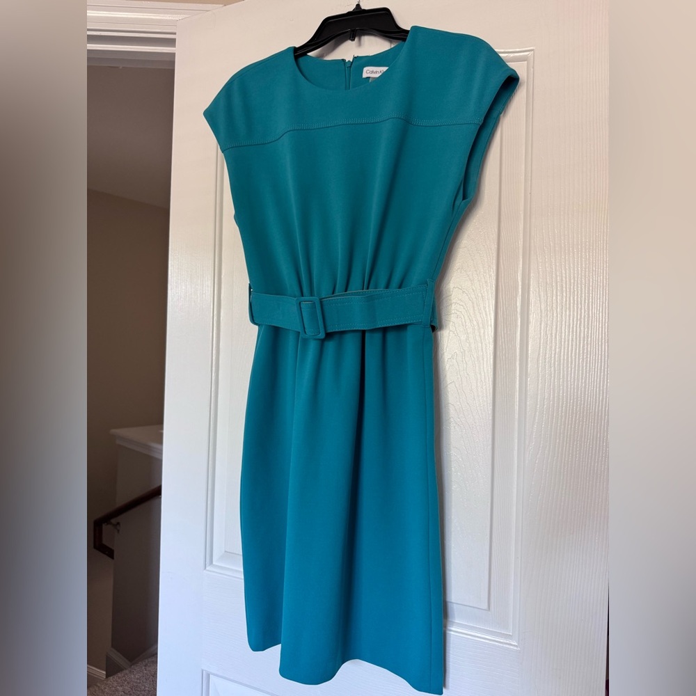 Calvin Klein Teal Cap-Sleeve Midi Dress with Self Belt